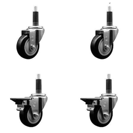 Service Caster 3.5'' Black Poly Wheel Swivel 1'' Expanding Stem Caster Set 2 Brakes, 4PK SCC-EX20S3514-PPUB-BLK-2-PLB-2-1